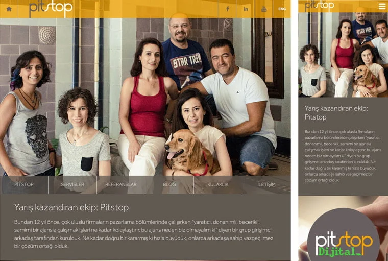 Responsive tasarım: Pitstop web sitesinin mobil ve geniş ekran görüntüleri yan yana